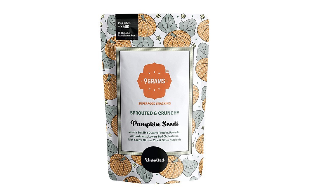 9Grams Sprouted & Crunchy Pumpkin Seeds Unsalted   Pack  250 grams